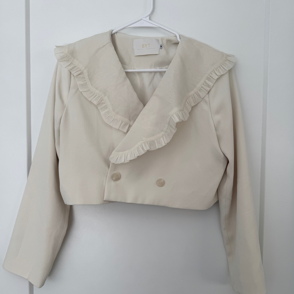 Cream Ruffled Cropped Blazer